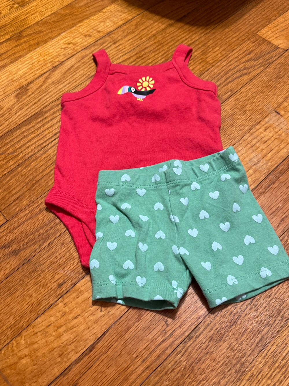 Comfy Summer Play Outfit- Toucan Bodysuit and Heart Print Shorts